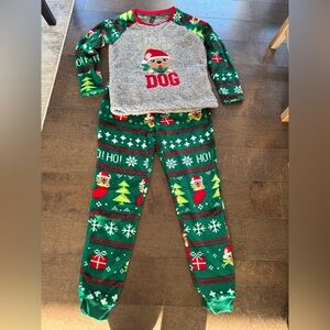 Festive Green Kids Pajamas with Dog Design